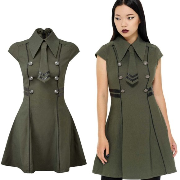 Killstar Dresses & Skirts - Killstar Black-Ops Khaki Green Skater Dress XL NWT